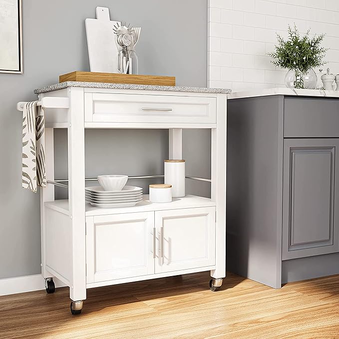 Linon Kyler White Granite Topped Kitchen Cart with Lockable Casters and Hidden Storage Spaces