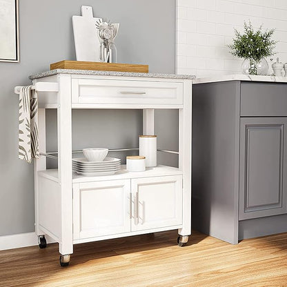 Linon Kyler White Granite Topped Kitchen Cart with Lockable Casters and Hidden Storage Spaces
