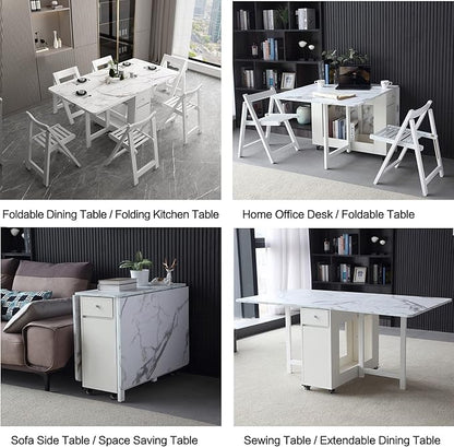 FUNROLUX Folding Dining Table with Rack and 2 Storage Drawers, Movable Extendable Space Saving Kitchen Table in 3 Forms (White)