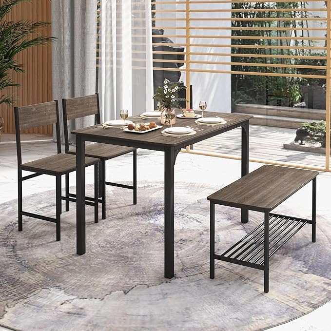LDAILY Dining Table Set for 4, 4-Piece Wooden Kitchen Table and Chairs with Bench, Storage Rack & Metal Frame, Industrial Dining Room Table Set of 4 for Small Space, Apartment, Kitchen (Gray)
