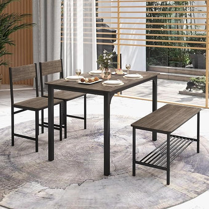 LDAILY Dining Table Set for 4, 4-Piece Wooden Kitchen Table and Chairs with Bench, Storage Rack & Metal Frame, Industrial Dining Room Table Set of 4 for Small Space, Apartment, Kitchen (Gray)