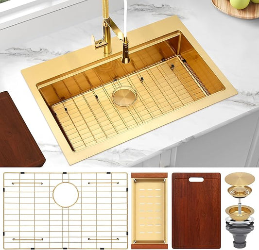 Gold Kitchen Sink 28" X 22",Drop In/Top Mount 16 Gauge Stainless Steel Workstation Sink,Deep & Large Single Bowl Kitchen Sinks (Gold, 28" X 22")
