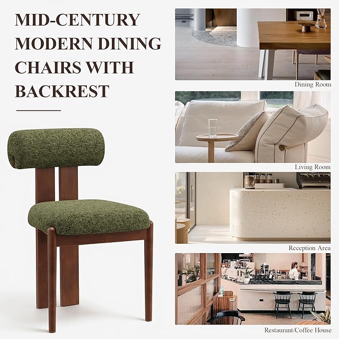 MALOL Modern Wooden Dining Chairs Set of 4, Upholstered Fabric Kitchen Chairs with Sculptural Backrest, Mid-Century Farmhouse Dining Room Chairs with Solid Wood Legs, Green
