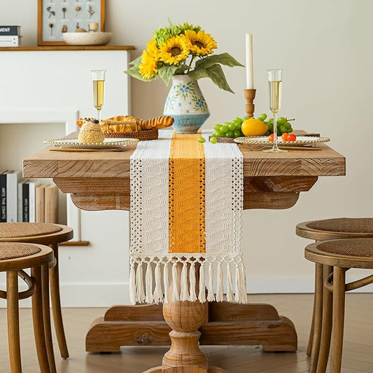 FEXIA Boho Table Runner for Fall Home Decor with Tassels 72 Inches Long Farmhouse Yellow Rustic Table Runner Macrame Burlap Table Decoration for Living Room Bridal Shower(12x72 Inches)