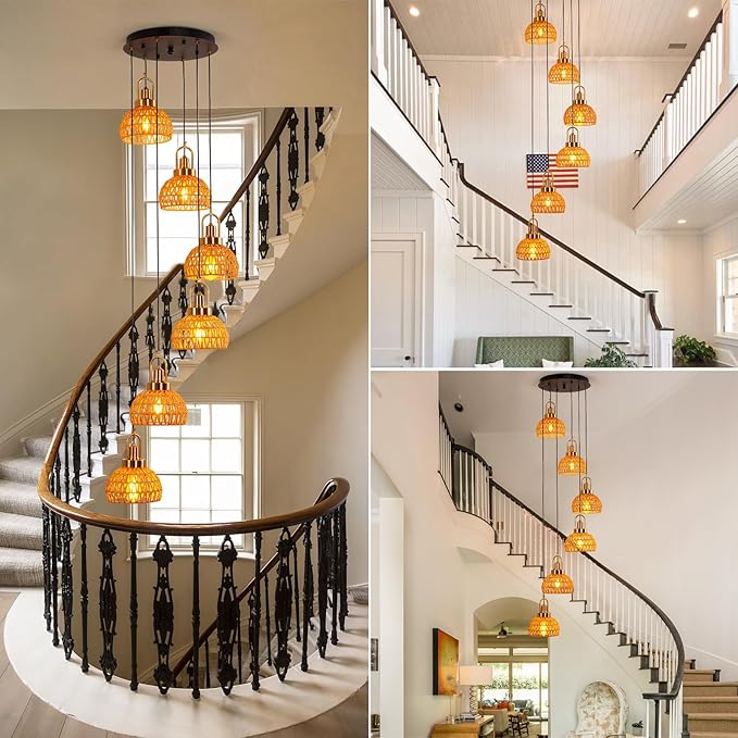 Modern Boho Gold Rattan Pendant Light 6-Lights Vintage Farmhouse Rattan Pendant Light Fixture Hand Woven Golden Bamboo Wicker Pendant Lights for Kitchen Stairwell, Entryway, Living Room