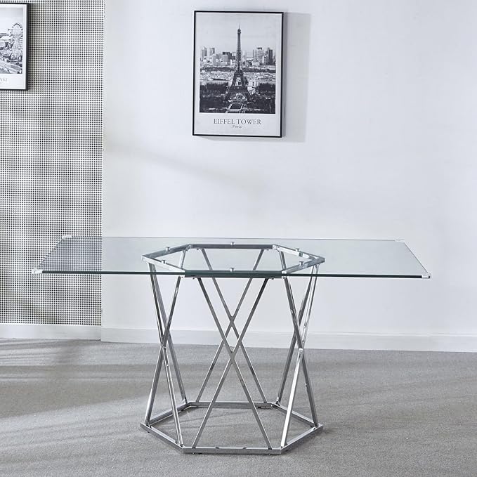 AXIOS 63 Inch Rectangle Glass Dining Table Tempered Glass Tabletop and Hexagonal Metal Base Design 63" Lx35.5 Wx30 H Modern Table Kitchen Table for 4-6 Home Kitchen, Dining Room (Silver)