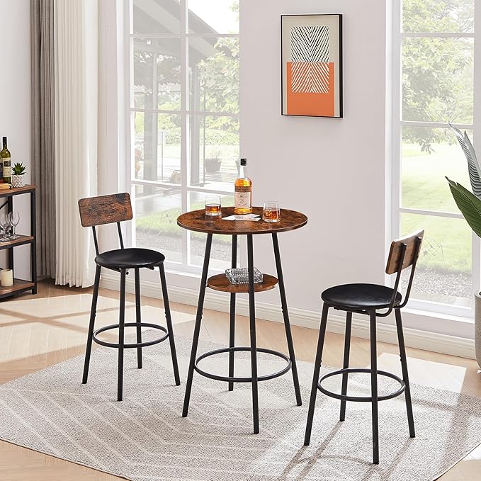 Round Bar Stool Table Set with Storage Shelf, Rustic Brown Upholstered Stools with Backrest, Comfortable PU Padded Seat, Bar Table and Chairs Set of 2 with Strong Iron Frame Supports 350 lbs