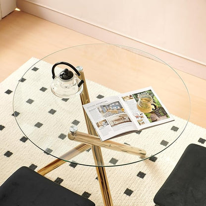 SSLine 35.4" Round Glass Dining Table for 2-4 Modern Circle Glass Tabletop Kitchen Table for 4 Luxury Dinner Tables with Gold Metal Legs for Home Kitchen Dining Room(Table Only)