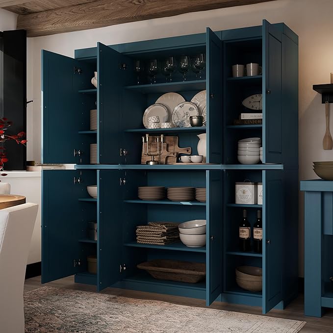 Palace Imports Solid Wood Pantry Cabinet - 71.5" Tall x 65" Wide Freestanding Storage Cabinet w/ 8 Doors & Adjustable Shelves for Kitchen – Teal Blue, Renewable Eco-Friendly 100% Wood, Made in Brazil