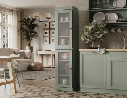 Palace Imports Solid Wood Kitchen Pantry Cabinet w/Frosted Glass Doors - Narrow Storage Cabinet - 16.5" Wide x 71.5" Tall - Sage, Adjustable Shelves, 100% Eco-Friendly Wood, Modular Cabinets