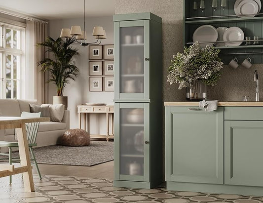 Palace Imports Solid Wood Kitchen Pantry Cabinet w/Frosted Glass Doors - Narrow Storage Cabinet - 16.5" Wide x 71.5" Tall - Sage, Adjustable Shelves, 100% Eco-Friendly Wood, Modular Cabinets