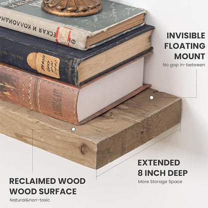 FLYJOE Solid Wood Floating Shelves, 8" Deep Rustic Reclaimed Barnwood Wall Hanging Floating Shelf with Invisible Heavy-Duty Metal Bracket | Wall Mounted | Farmhouse Style | 55 inches,1PC,Natural