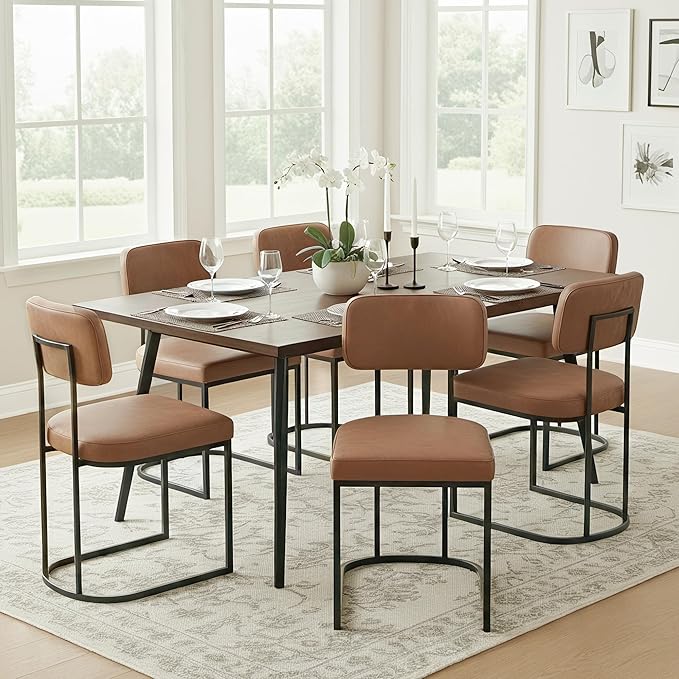 KISLOT Dining Chairs Set of 6, Upholstered Modern Kitchen Chairs with Ergonomic Backrest, Faux Leather Cushion Seat & Metal Legs for Living Room, Restaurant, and Café, Brown, 2 Boxs