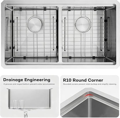 MILOSEN 30''x18'' Double Bowl Undermount Kitchen Sink, T304 Stainless Steel 50/50 Workstation Sinks with 10'' Deep Basins & Custom Accessories, Large Handmade Sinks, Modern & Stylish Design