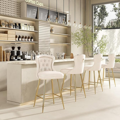 Bar Stools Set of 2, Velvet Counter Height Bar Stools with Metal Legs, Button Tufted and Nailheads Trim, Wing Back Bar Chairs for Kitchen Island Dining Room Pub, Beige