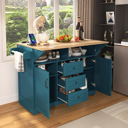 Modern Large Kitchen Island with 2 Drop Leaf, Rolling Cart on 5 Wheels with Power Outlet, Folding Storage Dining Table with Spice & Towel Rack, 3 Drawers, for Dining Room (Green@017)