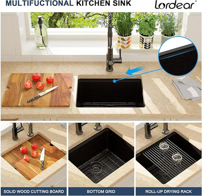 Lordear 21 Inch Black Granite Composite Kitchen Sink Workstation 21x18 Matte Black Undermount Quartz Sinks Under Counter Single Bowl Sink with Black Accessories