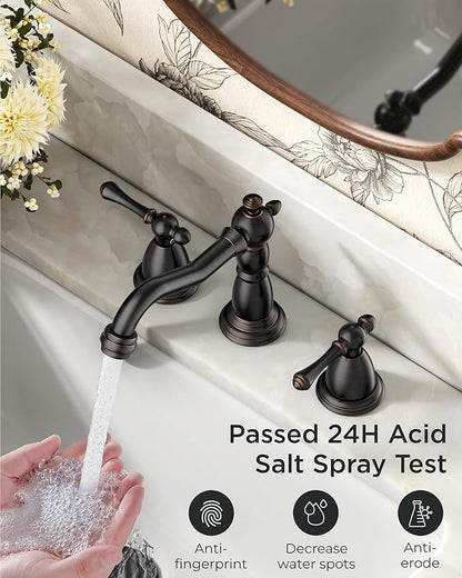 FORIOUS Bathroom Sink Faucet 3 Holes, 2 Handle Widespread Faucet for Bathroom Sink with Pop-Up Drain and Water Supplies for Commercial Vanity Lavatory Restroom Farmhouse (Oil Rubbed Bronze)