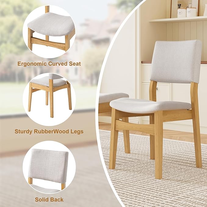 VilroCaz 5-Piece Dining Table Set - Rectangular Solid Wood Table & Upholstered Linen Chairs, Kitchen Dining Room Set for 4, Space-Saving Dinette (Natural-5J)