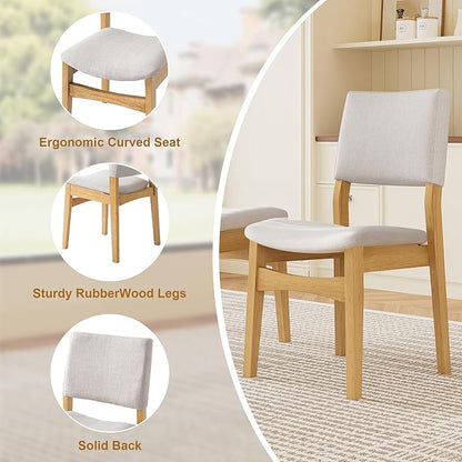 VilroCaz 5-Piece Dining Table Set - Rectangular Solid Wood Table & Upholstered Linen Chairs, Kitchen Dining Room Set for 4, Space-Saving Dinette (Natural-5J)