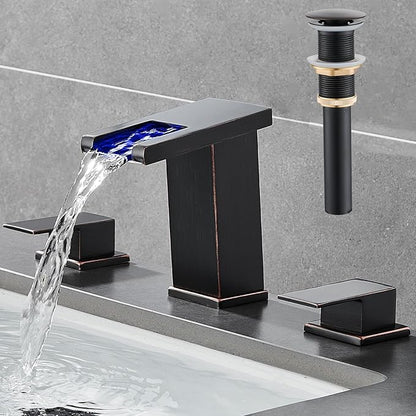 AVSIILE LED Bathroom Faucet 3 Hole, Oil Rubbed Bronze Waterfall Bathroom Faucets, 8 Inch Widespread Modern Bathroom Sink Faucet & Parts, Wide Spread Touch On Three Hole 2 Handle Bathroom Vanity Faucet
