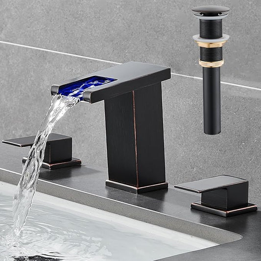 AVSIILE LED Bathroom Faucet 3 Hole, Oil Rubbed Bronze Waterfall Bathroom Faucets, 8 Inch Widespread Modern Bathroom Sink Faucet & Parts, Wide Spread Touch On Three Hole 2 Handle Bathroom Vanity Faucet