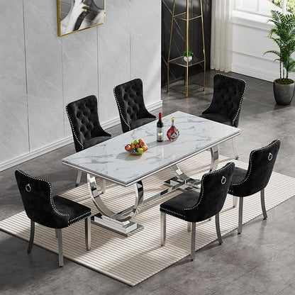 68" White Silver Marble Dining Table, Modern Kitchen Table with 0.79" Faux Marble Tabletop and Mirrored Stainless Steel Frame, Luxurious Rectangular Dining Room Table for Kitchen(No Chairs)