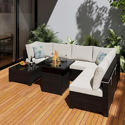 8 Piece Patio Furniture Set with Fire Pit Table, Wicker Outdoor Sectional Sofa Set, Conversation Sets with Comfy, High-Resilience Foam Anti-Slip Cushions for Backyard, Garden, Deck(Brown/Beige)