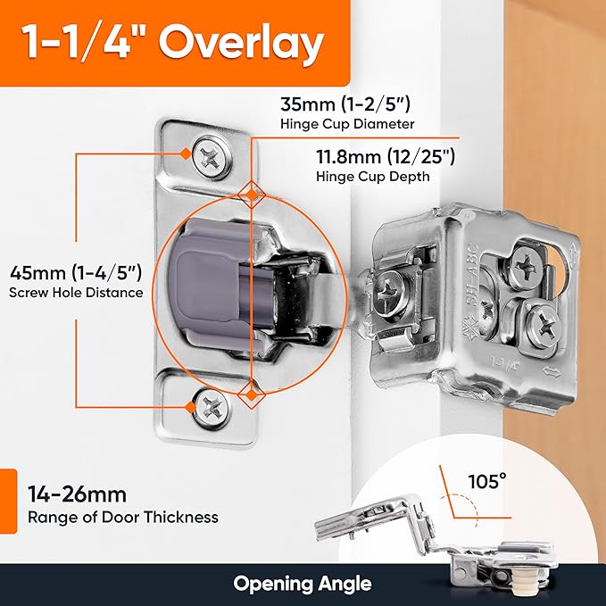 Decobasics 4 Pack Soft Close Cabinet Hinges 1-1/4" Overlay for Kitchen Cabinet Doors, Slow Self-Closing Concealed Hidden Hinges for Face Frame –Stainless Steel, 3-Way Adjustable & Quiet Close Damper