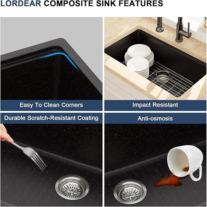 Lordear 32 Inch Black Granite Composite Kitchen Sink 32x19 Inch Workstation Quartz Undermount Kitchen Sinks Under Counter Single Bowl