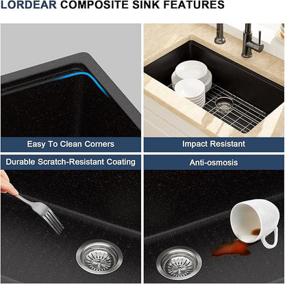 Lordear 32 Inch Black Granite Composite Kitchen Sink 32x19 Inch Workstation Quartz Undermount Kitchen Sinks Under Counter Single Bowl