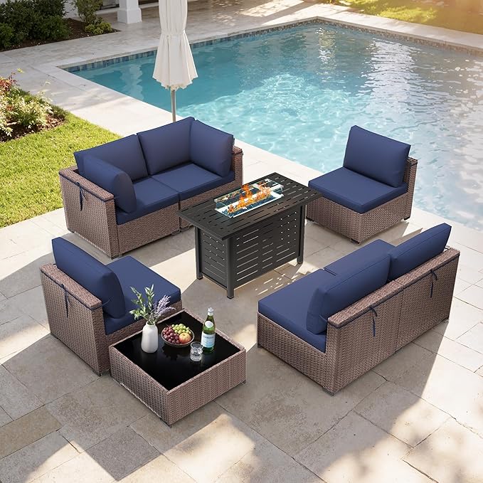Patio Furniture Set 7 Pieces Conversation Set Wicker Outdoor Sectional Sofa,Ergonomic Armrests Couch with Cushion and Glass Table (Brown-Navy, 8 Piece-Fire Table)