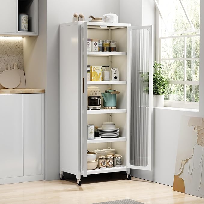 67.3" Kitchen Pantry Storage Cabinet,Display Storage Cabinet with Acrylic Glass Doors, Adjustable Shelves & Wheels,Metal Tall Food Pantries Cabinets,for Kitchen, Living Room and Dining Room, White