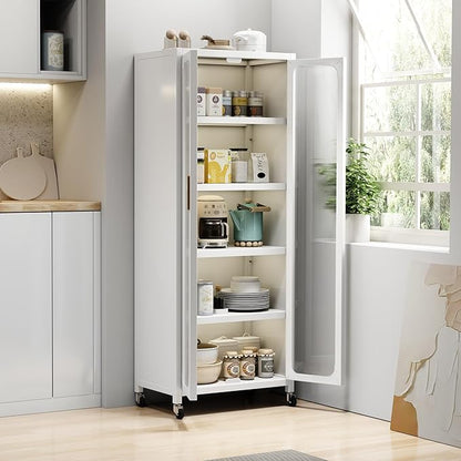 67.3" Kitchen Pantry Storage Cabinet,Display Storage Cabinet with Acrylic Glass Doors, Adjustable Shelves & Wheels,Metal Tall Food Pantries Cabinets,for Kitchen, Living Room and Dining Room, White