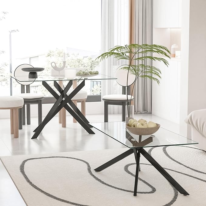 Glass Dining Table,51'' Rectangular Dining Kitchen Table,Modern X-Design Dining Room Table with Black Metal Base for Dining Room