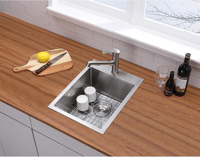 15x20 Inch Bar Sink Drop In, Topmount Small 16 Gauge 304 Stainless Steel Kitchen Sink，Single Bowl Handmade Sink for Laundry Wet Bar Prep RV Office Outdoor Yard with Grid & Drain