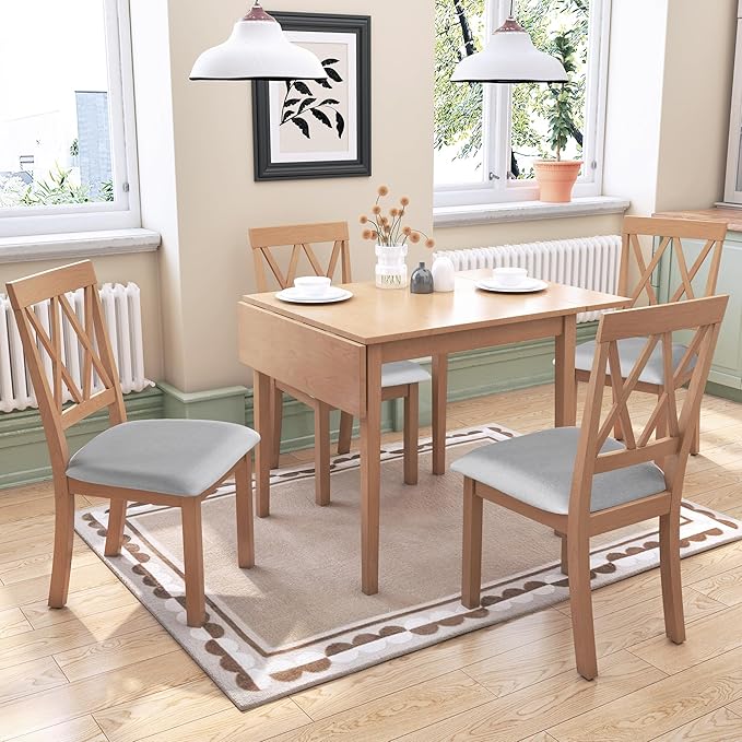 Ball & Cast 5-Piece Farmhouse Drop Leaf Folding Dining Table with Chairs, 29.57"~45.67" Extendable Table w/4pcs Backrest Dining-Chair, Foldable Kitchen Breakfast Set for 4,Space Saving,Natural