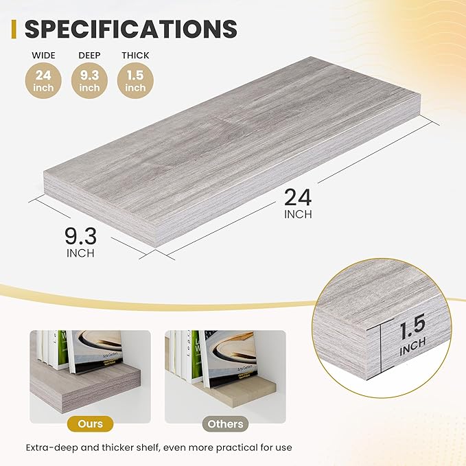 Acovy 24 Inch Floating Shelves, 9.3" Deep Floating Shelf Wall Mounted, 24" Wall Shelves, Rustic Deep Bookshelf, Large Display Shelves & Storage Shelves for Bedroom, Living Room, Gray, Set of 2