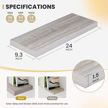 Acovy 24 Inch Floating Shelves, 9.3" Deep Floating Shelf Wall Mounted, 24" Wall Shelves, Rustic Deep Bookshelf, Large Display Shelves & Storage Shelves for Bedroom, Living Room, Gray, Set of 2