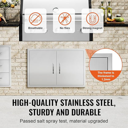 VEVOR BBQ Access Door, 33W x 22H Inch Double Outdoor Kitchen Door, Stainless Steel Flush Mount, Wall Vertical with Handles, for BBQ Island, Grilling Station, Outside Cabinet