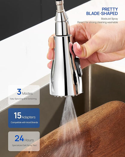 Metal Kitchen Faucet Head Replacement – 3 Mode High-Pressure Sink Sprayer Replacement with 15 Nozzle Adapters, Durable Pull Down Spray Head for Kitchen Sink, Chrome, Stainless Steel