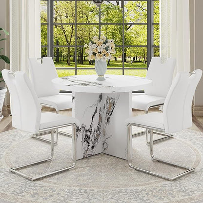 42" Solid MDF Island Table, Rustic Dining Table with Multi-Purpose, Farmhouse Dining Table with Modern Style for 4-6 Person Dining, White