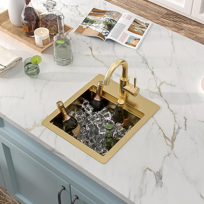 13"x15" Drop In Bar Prep Sink Workstation – Brushed Gold NANO-PVD, 16 Gauge 304 Stainless Steel, Single Bowl Top Mount Wet Bar RV Outdoor Kitchen Sink with Faucet