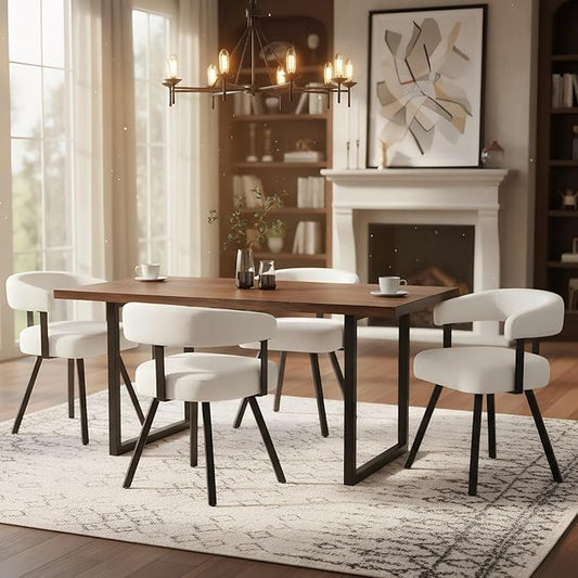 Modern Barrel Dining Chairs Set of 4, White Chenille Upholstered Dining Room Chairs with Arms, Comfy Kitchen Chairs with Black Metal Legs for Dinner Living Room