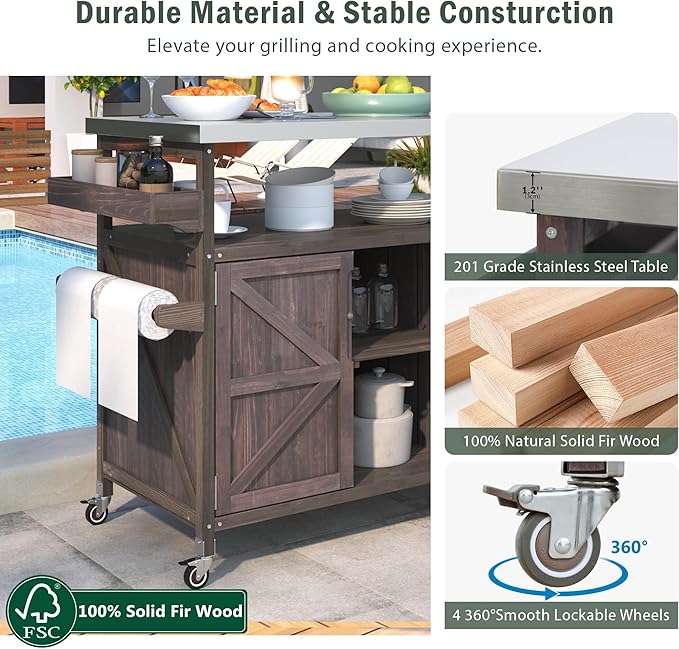 Modern Dining Table Outdoor Kitchen Island with Cabinet, Rolling Bar Cart, Farmhouse Solid Wood Grill Table with Stainless Steel Top, Spice Rack, Towel Rack for Kitchen Dining Room Tables,Brow