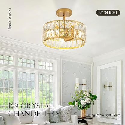 12” 3-Light Modern Crystal Chandeliers Gold Dinning Room Light Fixture, Round Pendant Light Kitchen Island Chandelier, Flush Mount Ceiling Light for Living Room Entryway Bedroom Foyer