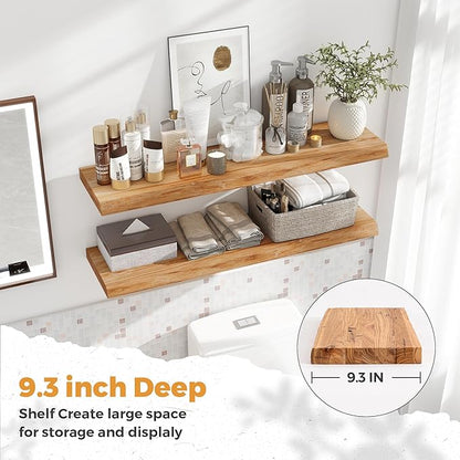 Live Edge Elm Floating Shelves For Wall - 36" W x 9.3" D Rustic Solid Wood Shelves with Invisible Bracket, Wall-Mounted Storage & Display Shelf for Living Room Bedroom Kitchen, Set of 2, Natural