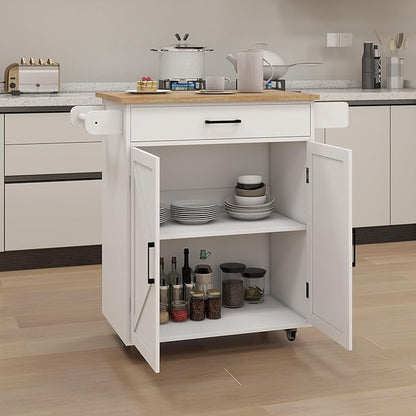 Modern Dining Table Kitchen Island Rolling Trolley Cart with Shelves, Drawer, Doors, Towel Rack & Seasoning Rack - Rubber Wood Table Top for Dining Room,White-MDF-2
