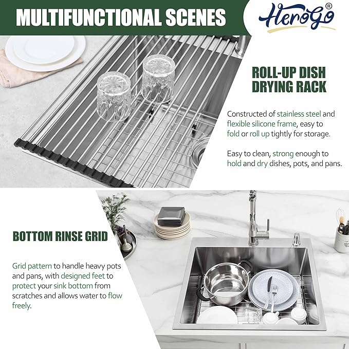 25x22Inch Drop In Kitchen Bar Sink, Herogo Stainless Steel Handmade 10'' Deep Topmount Single Bowl Kitchen Workstaion Rv Sink Basin for Laundry Room Utility with Accessories
