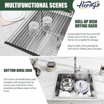 25x22Inch Drop In Kitchen Bar Sink, Herogo Stainless Steel Handmade 10'' Deep Topmount Single Bowl Kitchen Workstaion Rv Sink Basin for Laundry Room Utility with Accessories
